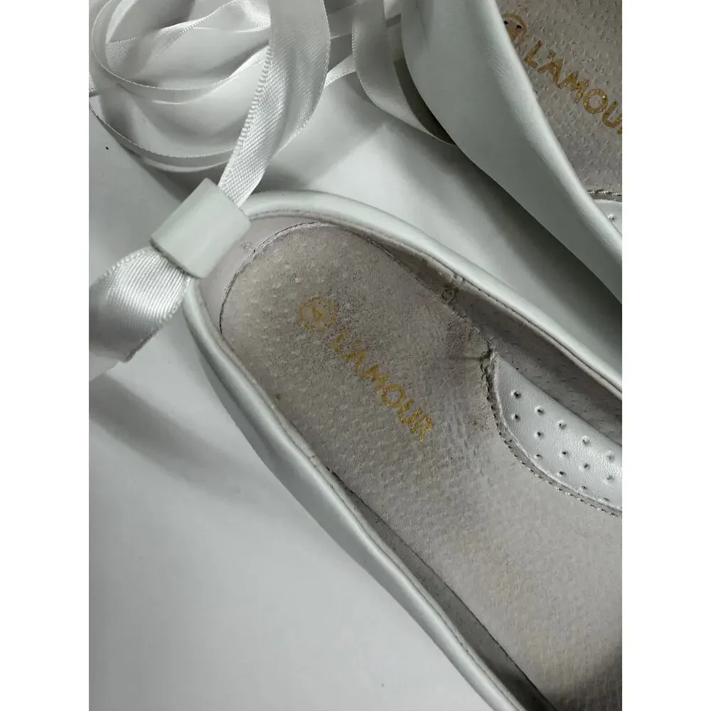 L’Amour Sylvie White Leather Laced Ballet Flats Girls Size 4 Shoes